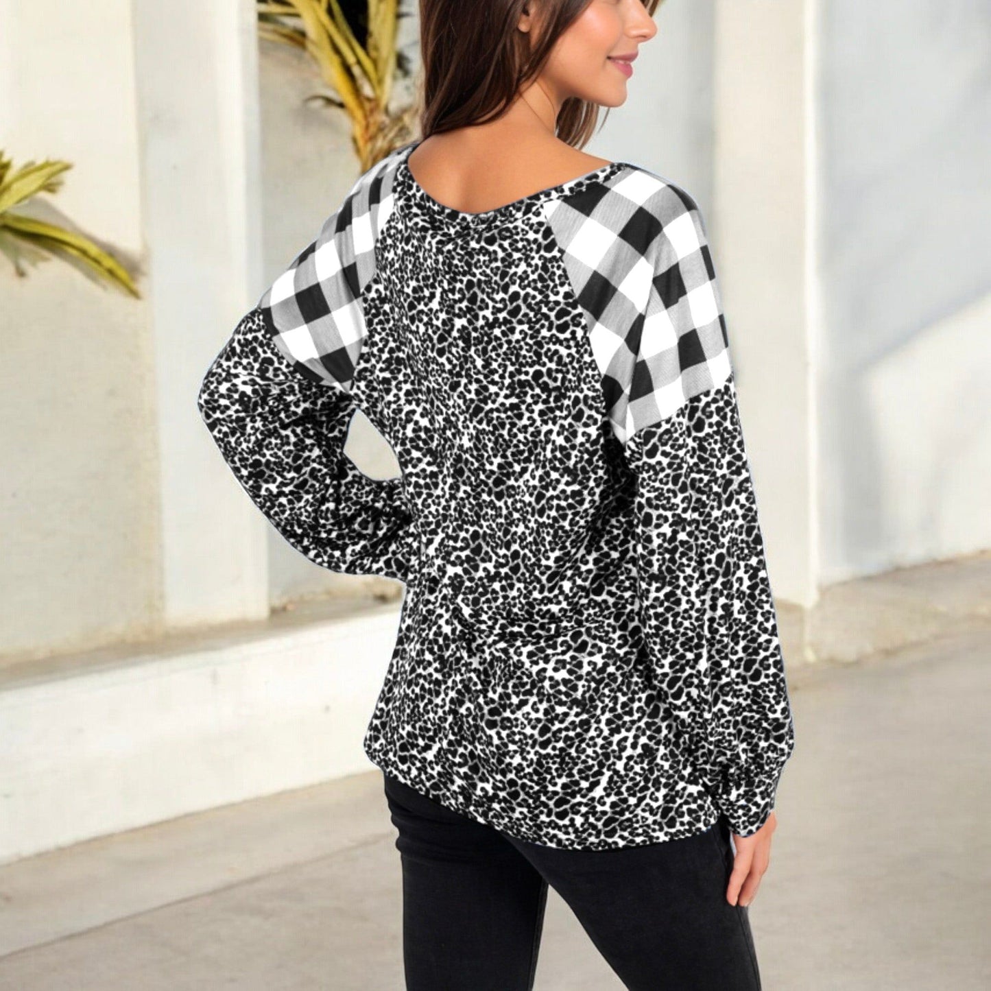 Mixed Print Long Sleeve Raglan Top Plaid Leopard Pattern