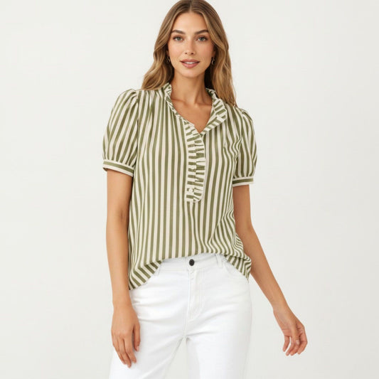 Short Sleeve Striped Blouse with Ruffle Trim V Neck Puff Sleeve Lightweight Pullover Shirt