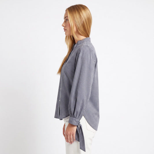 Plaid Button Down Blouse with Tie Cuff Long Sleeves