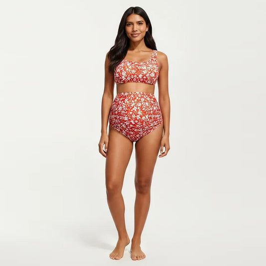 Halter Neck One-Piece Maternity Swimsuit with Starfish Detail and High Slit Skirt Cover-Up