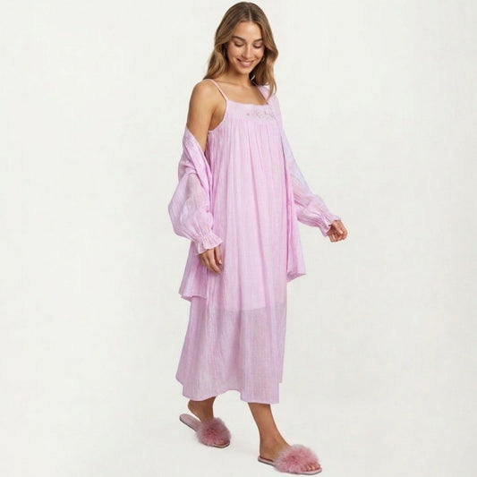 2-Piece Set Square Neck Nightgown and Long Sleeve Robe Pajama Set