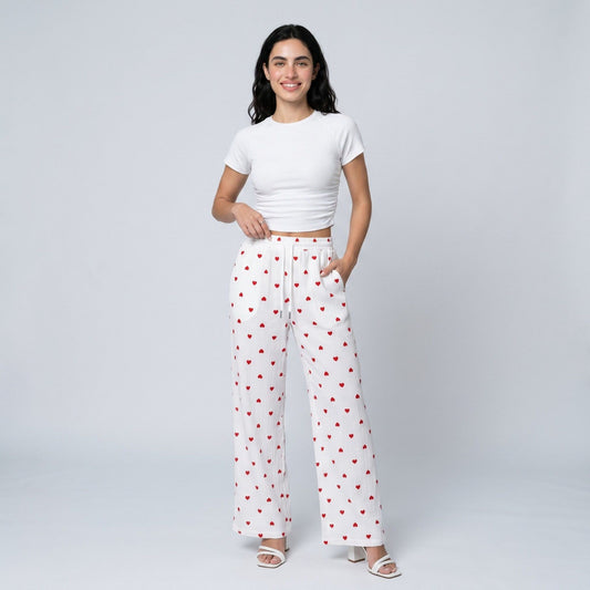 Heart Print Wide Leg Lounge Pants Elastic Drawstring Waist Casual Trousers with Pockets