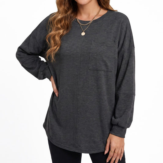 Oversized Long Sleeve Crew Neck Pocket Tunic Top