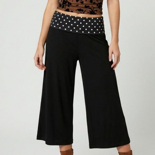 Polka Dot Contrast Waistband Cropped Wide-Leg Trousers