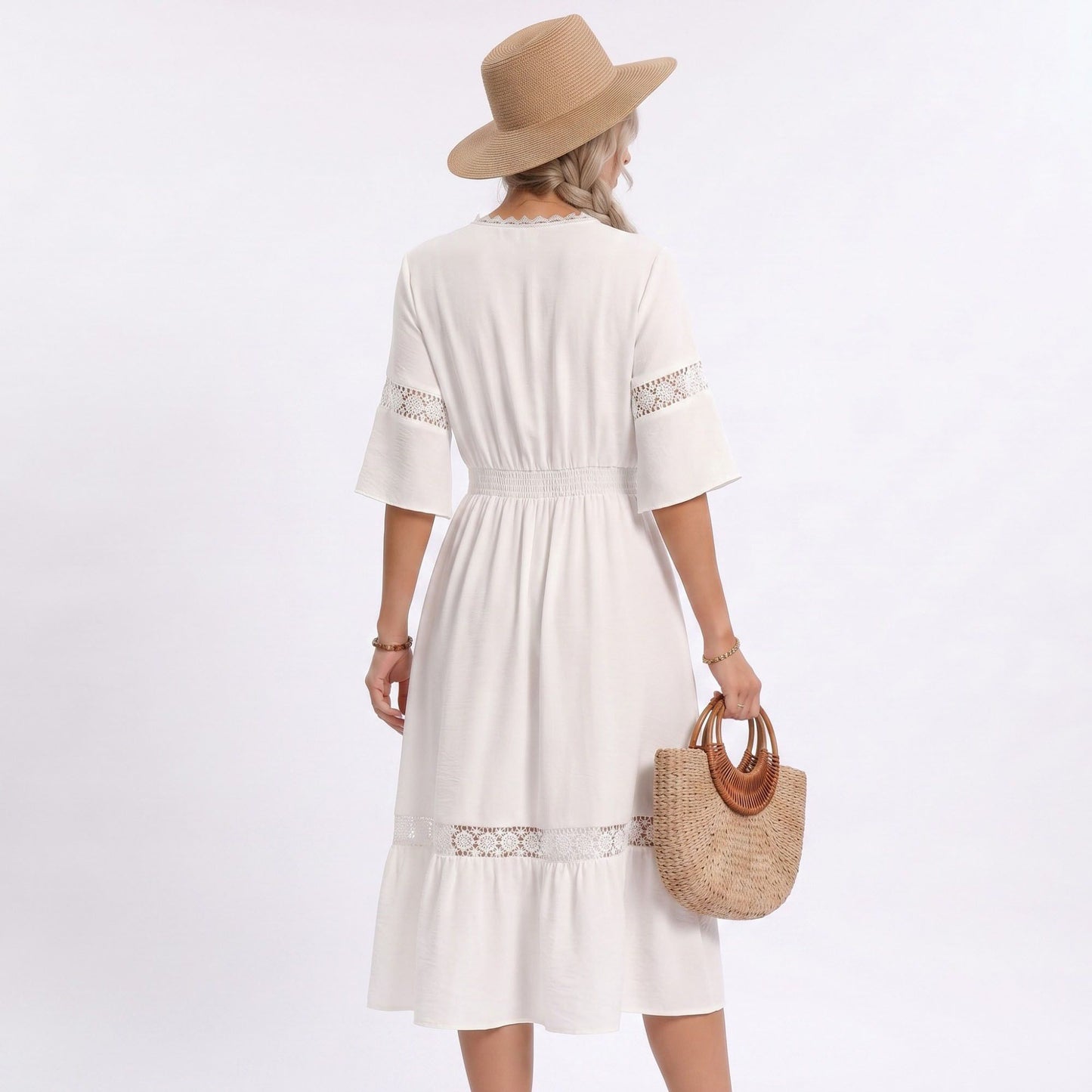V-Neck Lace Trim Bell Sleeve Midi Dress