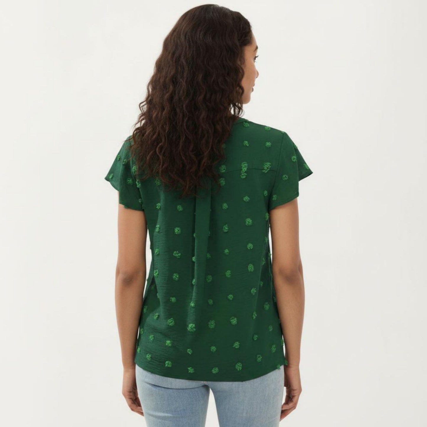 Short Sleeve Swiss Dot Top with Split Neckline and Soft Textured Fabric