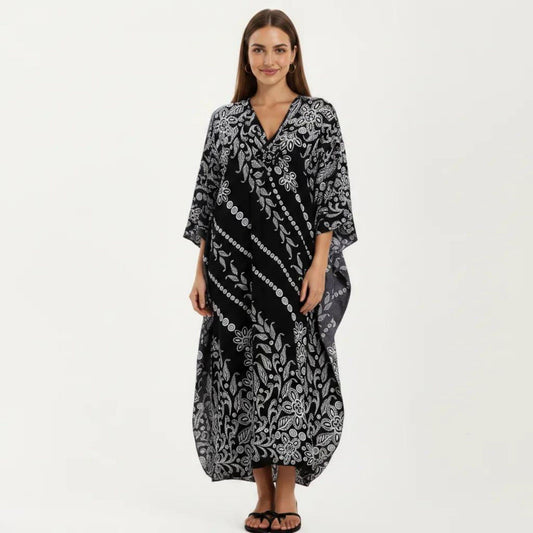 Floral Print Kaftan Maxi Dress with V-Neck Button Front and Flowy Batwing Sleeves