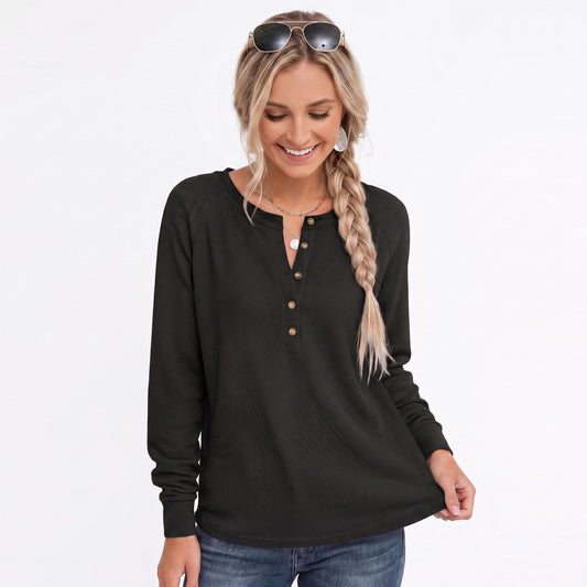 Waffle Knit Henley Raglan Long Sleeve Top