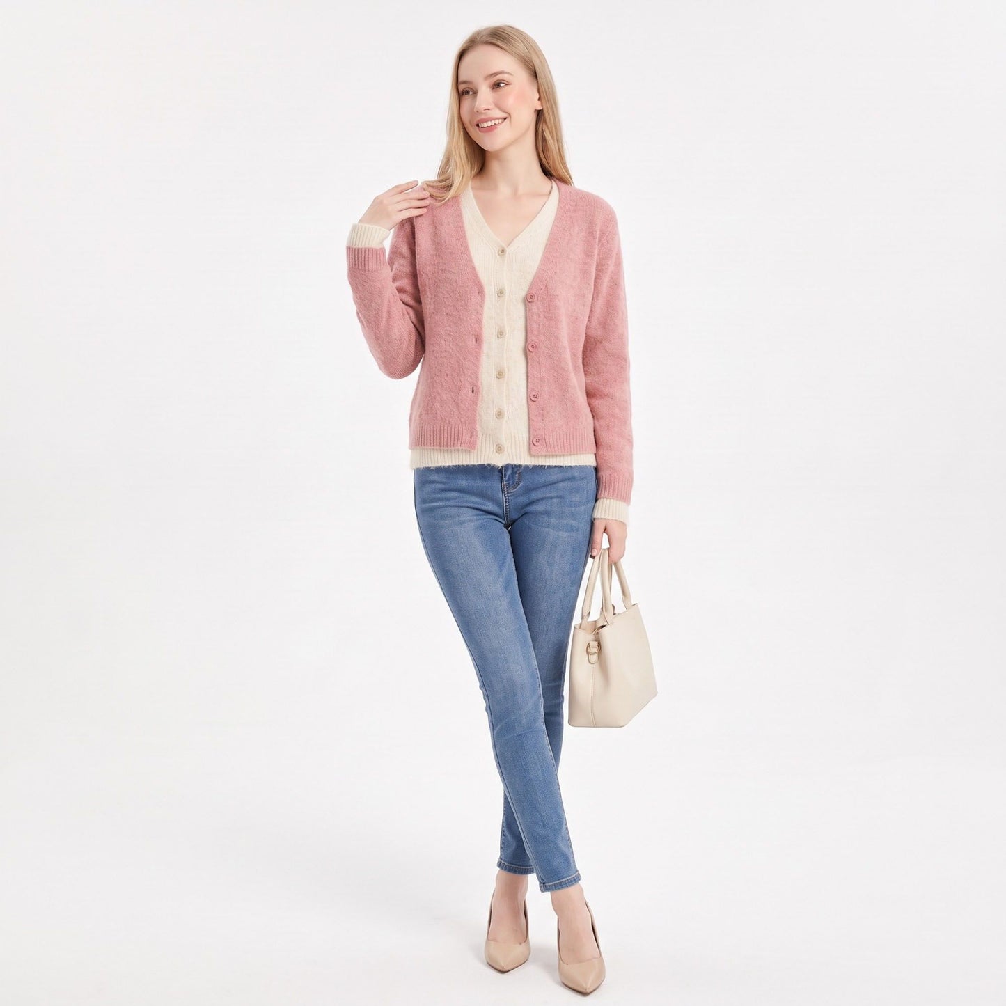 Contrast Trim Layered V Neck Button Front Cardigan