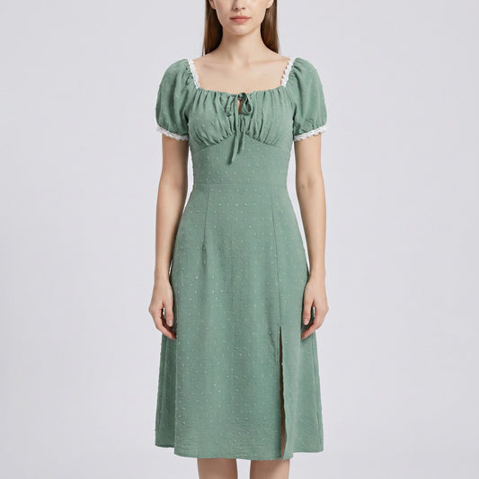 Swiss Dot Puff Sleeve Midi Dress with Lace Trim Square Neckline Tie Front Detail Front Slit and Fitted Bodice