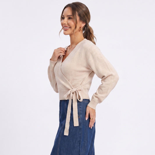 Wrap Front V Neck Side Tie Long Sleeve Knit Sweater