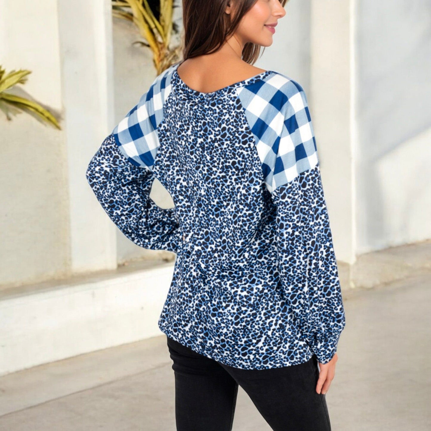 Mixed Print Long Sleeve Raglan Top Plaid Leopard Pattern