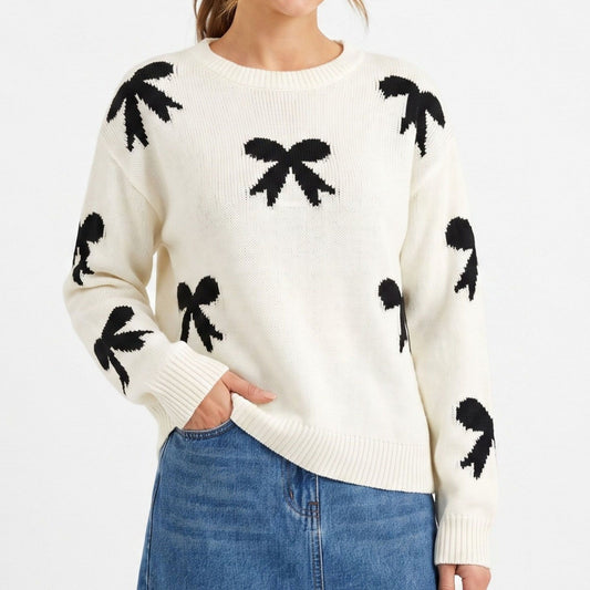 Bow Print Crewneck Long Sleeve Knit Sweater