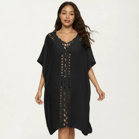 Crochet Trim Swim Cover Up Dress Loose Short Sleeve Lightweight Beach Kaftan