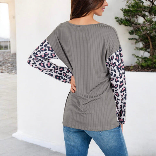Long Sleeve Ribbed Knit Leopard Print Top with V-Cut