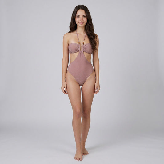 Shimmer Halter Cutout One Piece Swimsuit with Beaded Strap Detail Ruched Bust and High Cut Leg