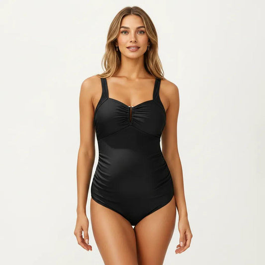 Maternity One-Piece Swimsuit with Ruched Front and Keyhole Detail
