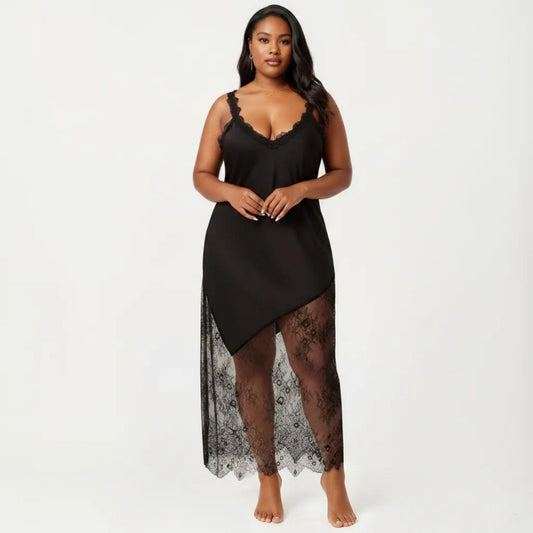 Plus Size Lace Trim Slip Dress Asymmetrical Hem Sheer Mesh Nightgown Sleepwear