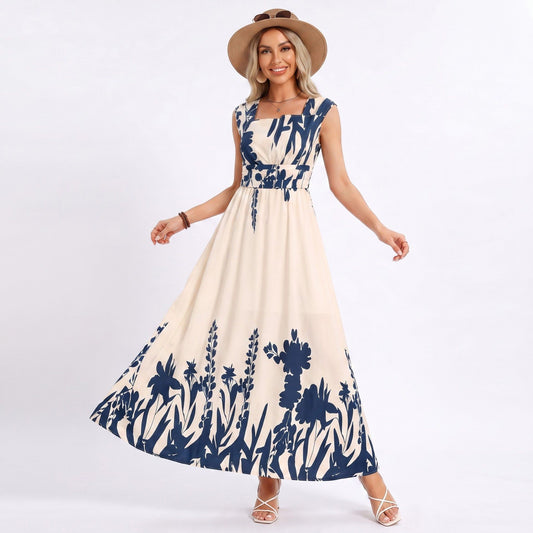 Border Print Maxi Dress Square Neck Sleeveless A Line Dress