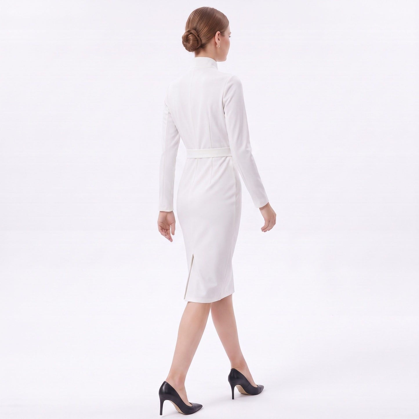 Long Sleeve Stand Collar Sheath Dress with Asymmetric Button Detail