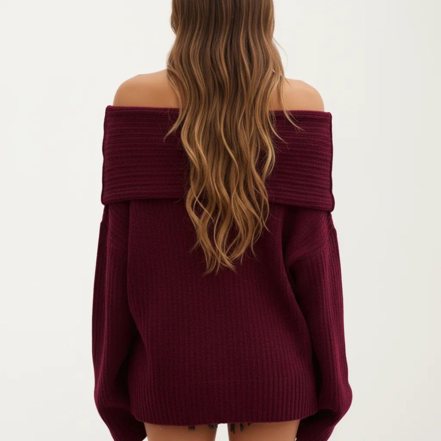 Off-Shoulder Ribbed Knit Sweater Top with Foldover Neckline and Soft Relaxed Fit for a Chic Textured Look
