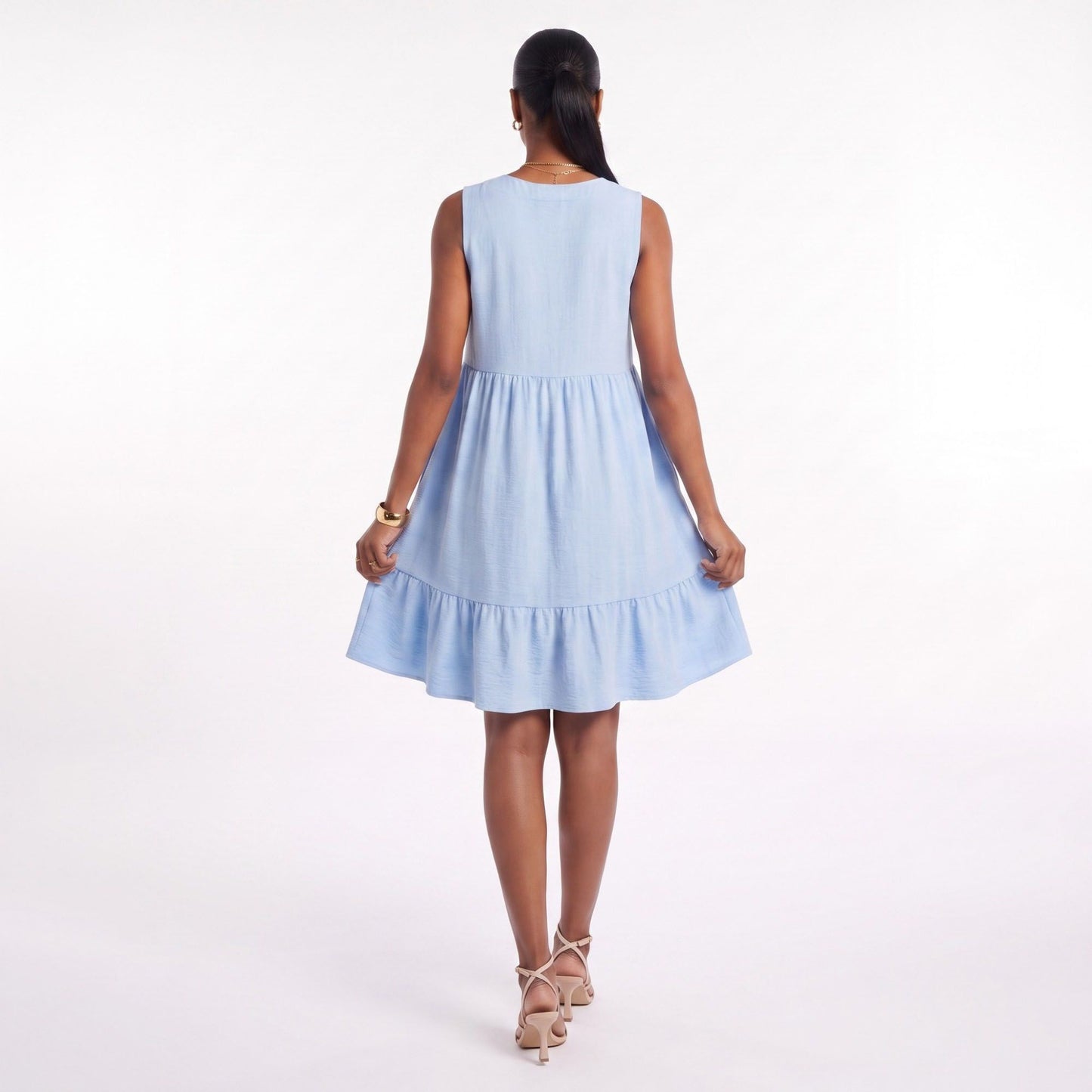 Sleeveless V-Neck Babydoll Ruffle Hem Dress with Pockets