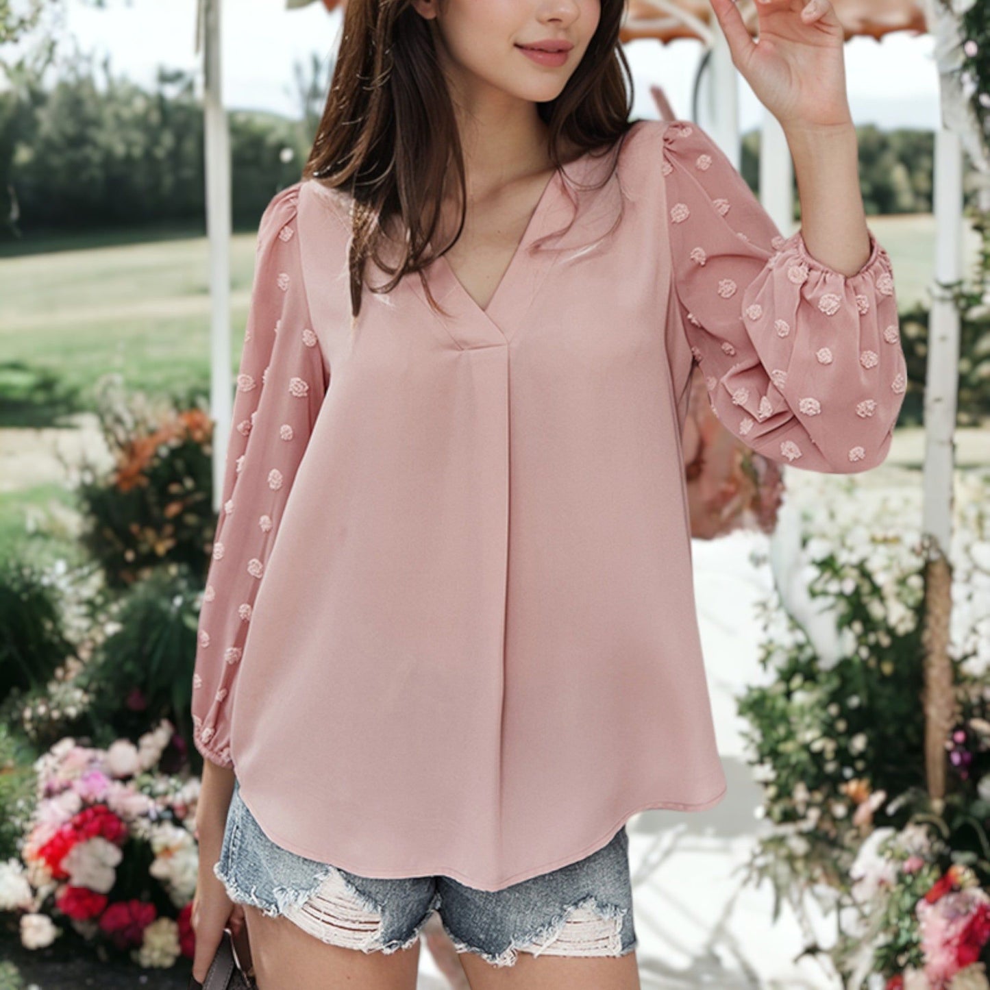 Chiffon Blouse Swiss Dot Long Sleeve Top
