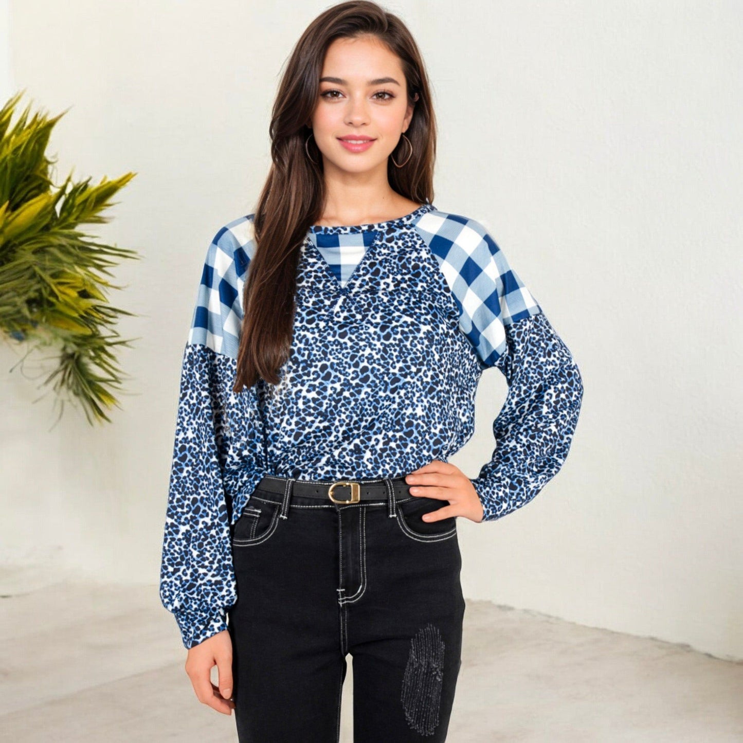 Mixed Print Long Sleeve Raglan Top Plaid Leopard Pattern