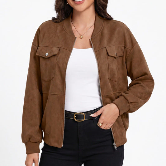 Bomber Jacket Zip Front Ribbed Trim Chest Pockets Relaxed Fit Long Sleeve
