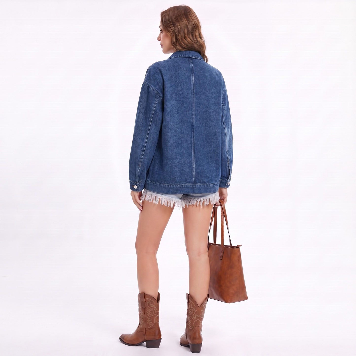 Oversized Denim Jacket Button Front Long Sleeve Jean Jacket With Patch Pockets