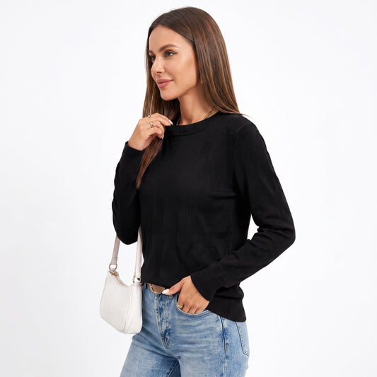 Textured Geometric Crew Neck Long Sleeve Knit Sweater