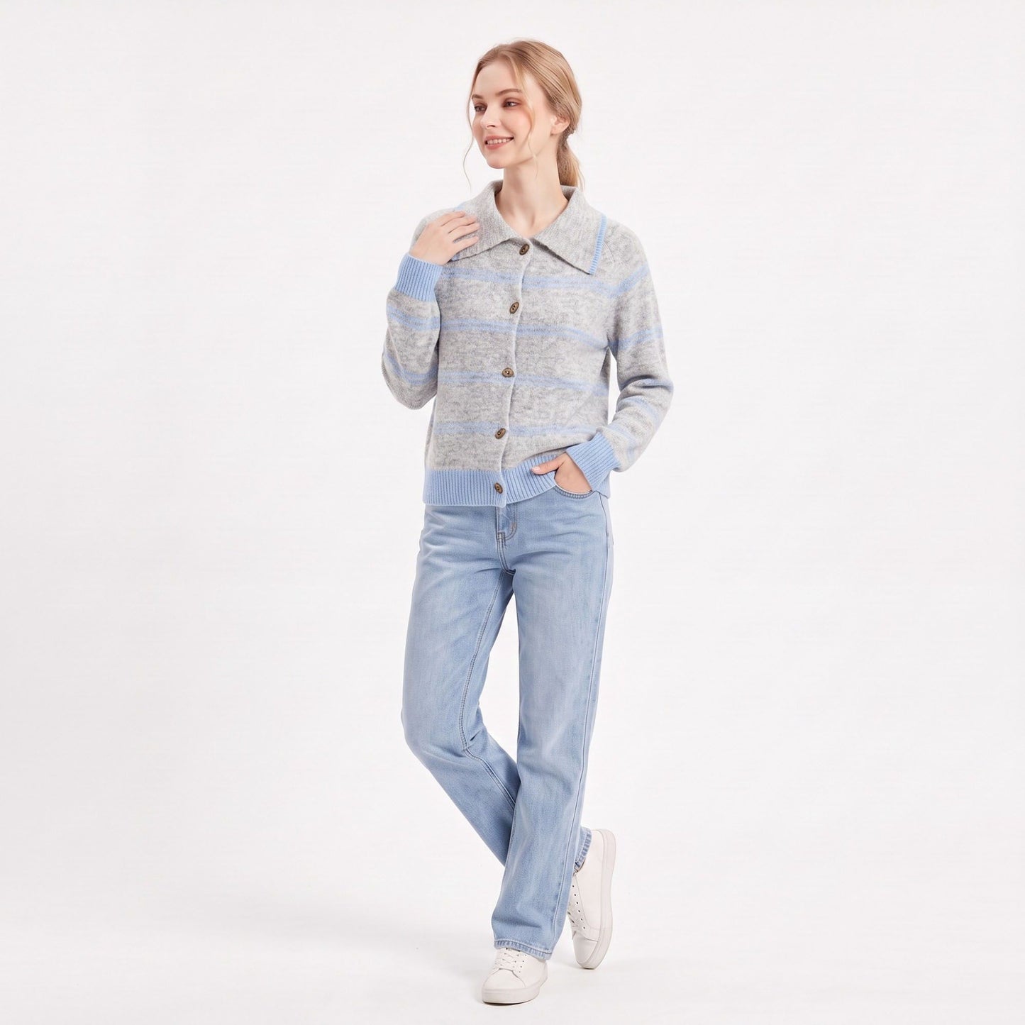 Striped Collared Button-Front Cardigan Sweater
