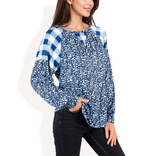 Mixed Print Long Sleeve Raglan Top Plaid Leopard Pattern