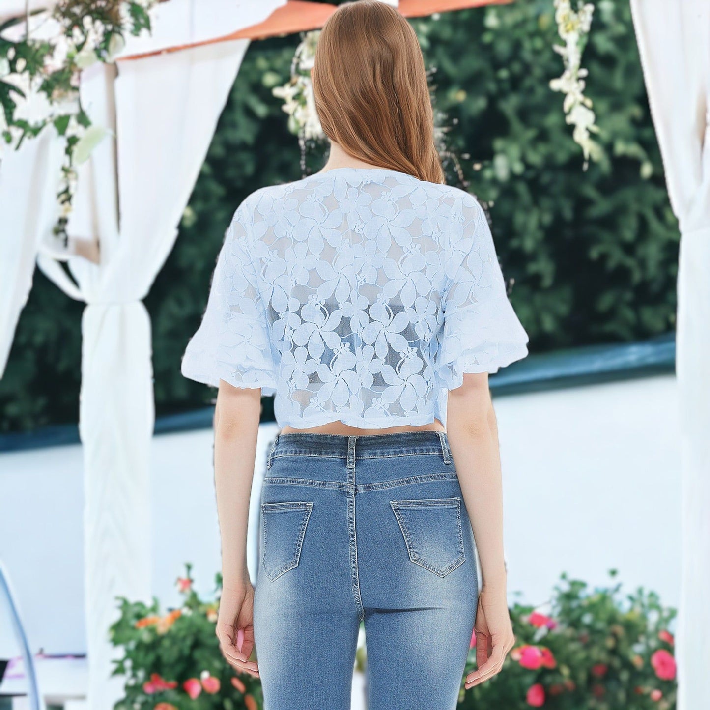 Crochet Floral Lace Short Sleeve Cropped Shrug