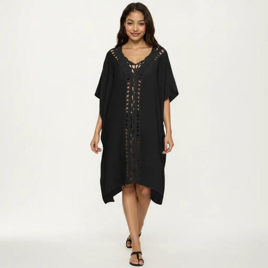 Crochet Trim Swim Cover Up Dress Loose Short Sleeve Lightweight Beach Kaftan