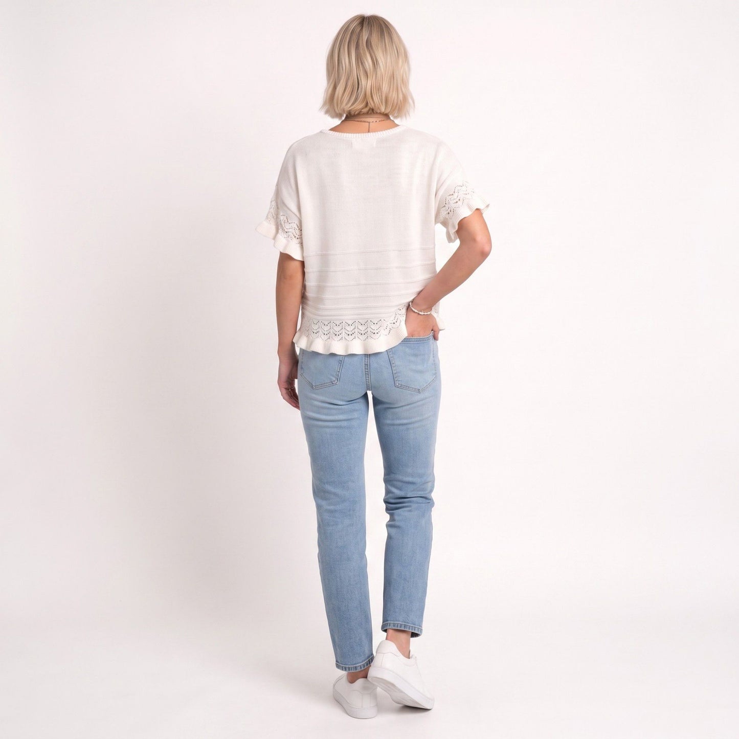 Short Sleeve Sweater Top Lace Ruffle Hem Textured Knit Blouse