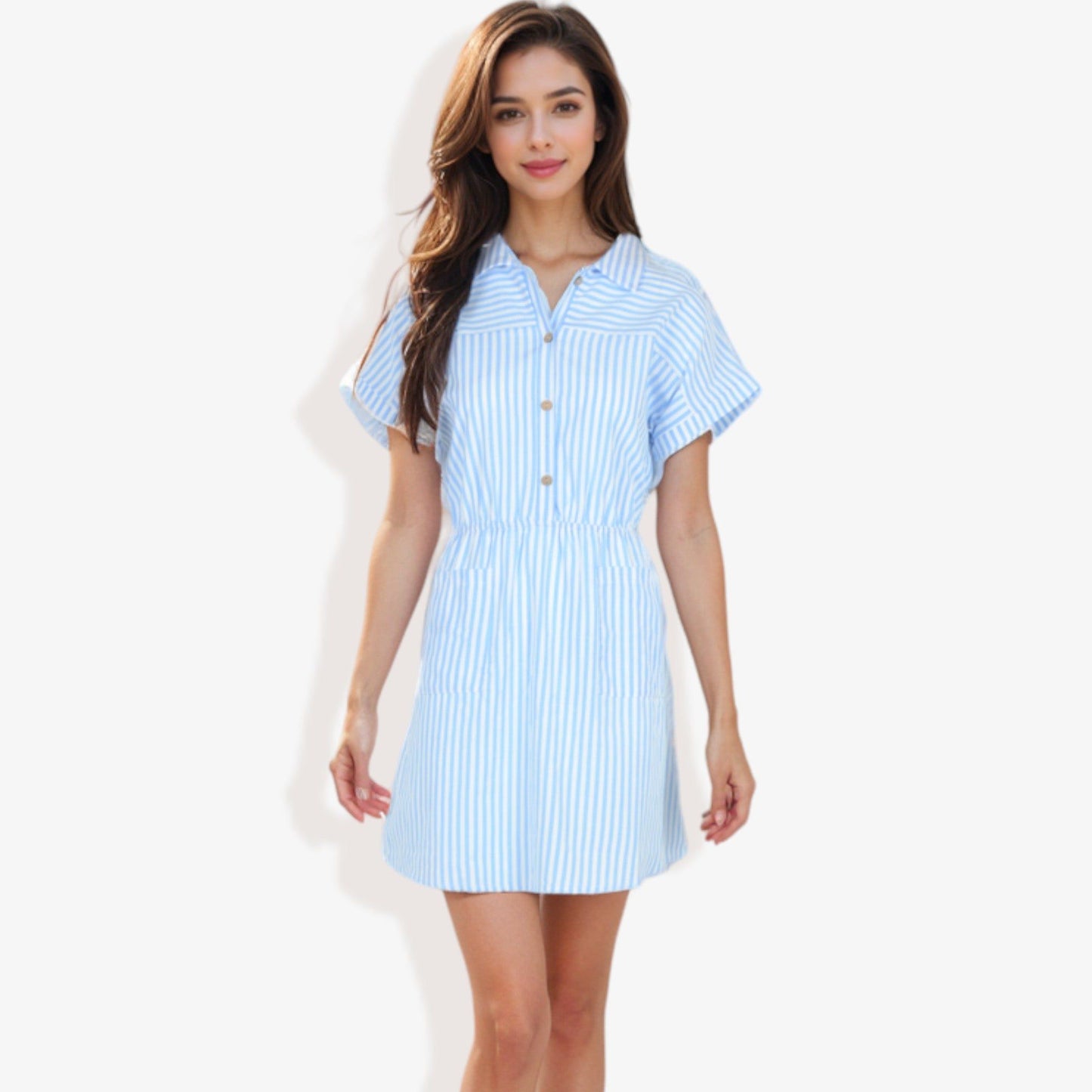 Short Sleeve Striped Dress with Elastic Waist