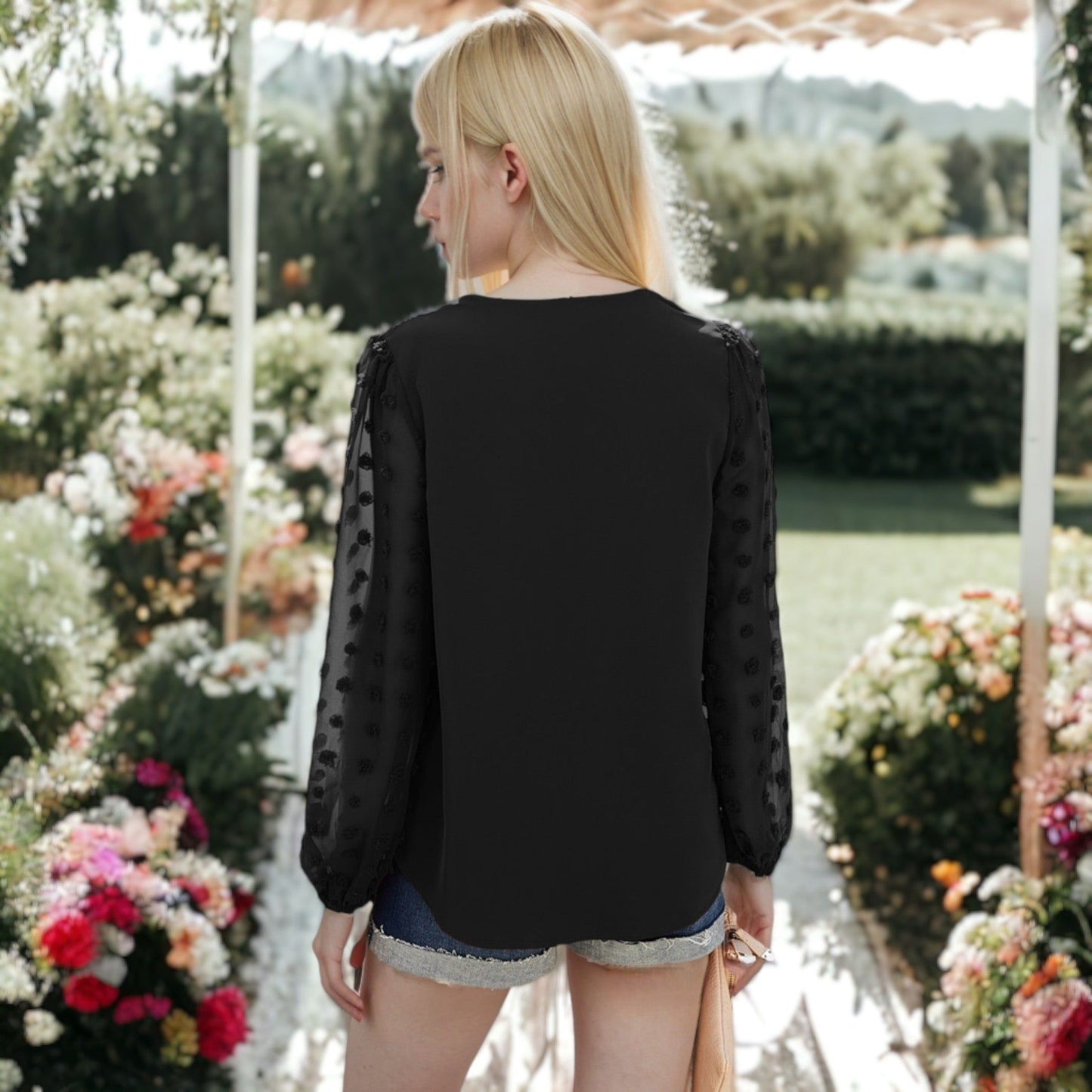 Chiffon Blouse Swiss Dot Long Sleeve Top
