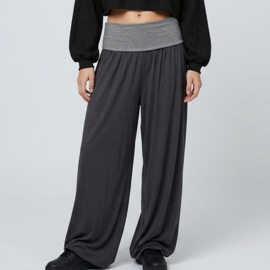 Contrast Foldover Waistband Full-Length Wide-Leg Trousers