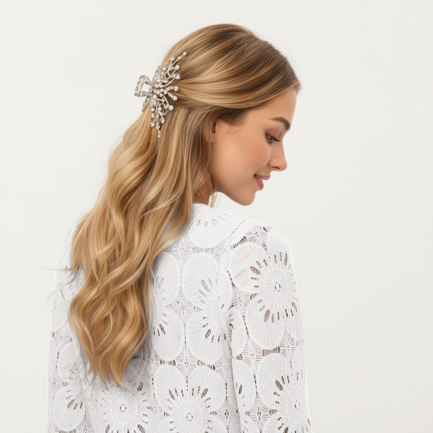 Floral Lace Long Sleeve Top with Intricate Openwork Pattern Soft Textured Fabric and Ruffled Cuff Detailing