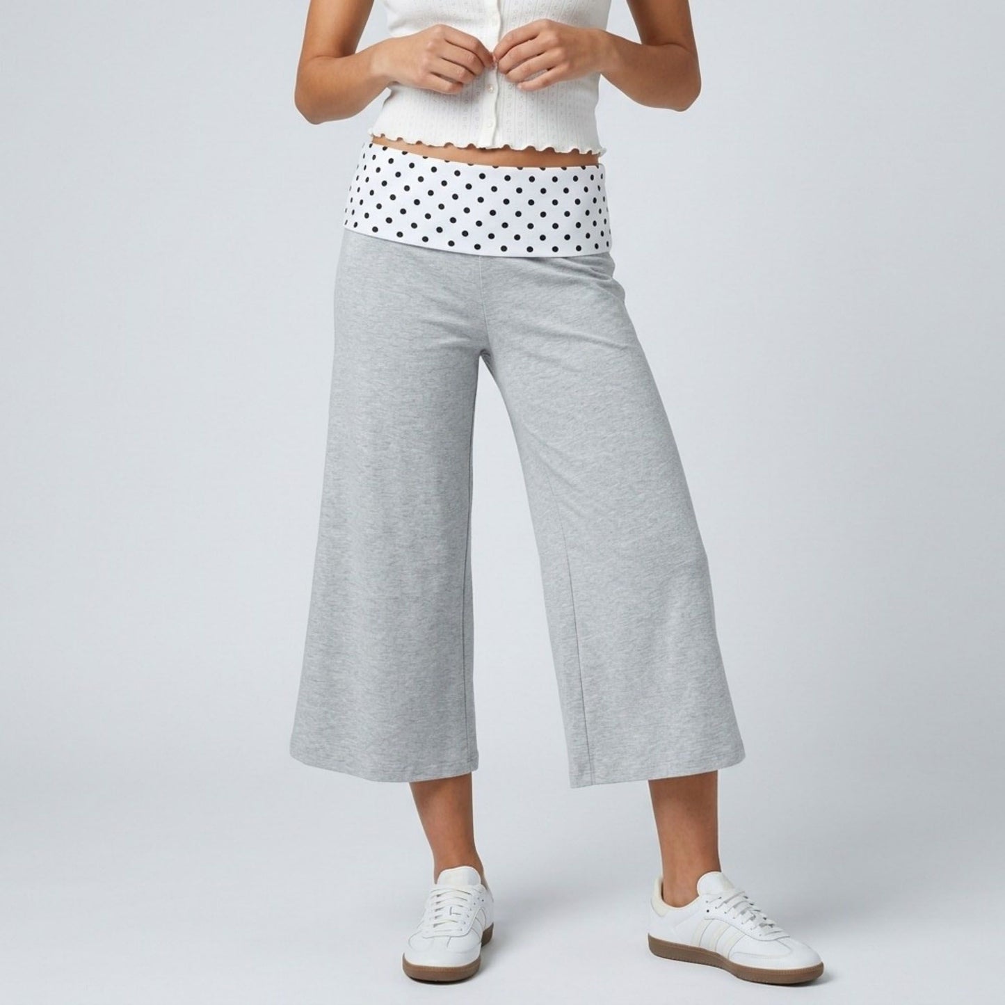 Polka Dot Contrast Waistband Cropped Wide-Leg Trousers