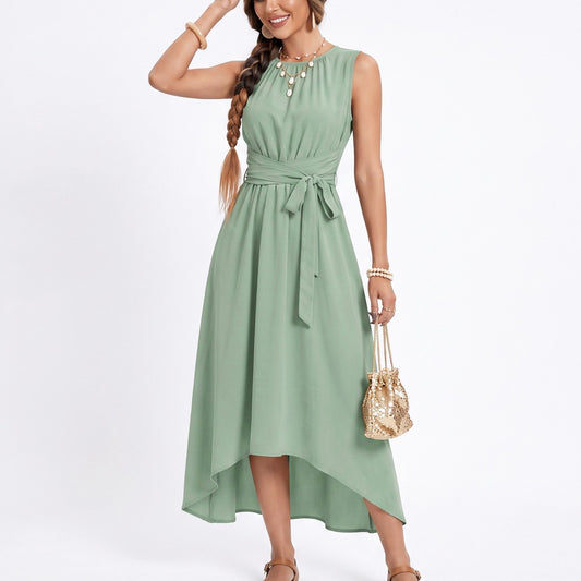 High Low Midi Dress Sleeveless Tie Waist Flowing A Line Dress