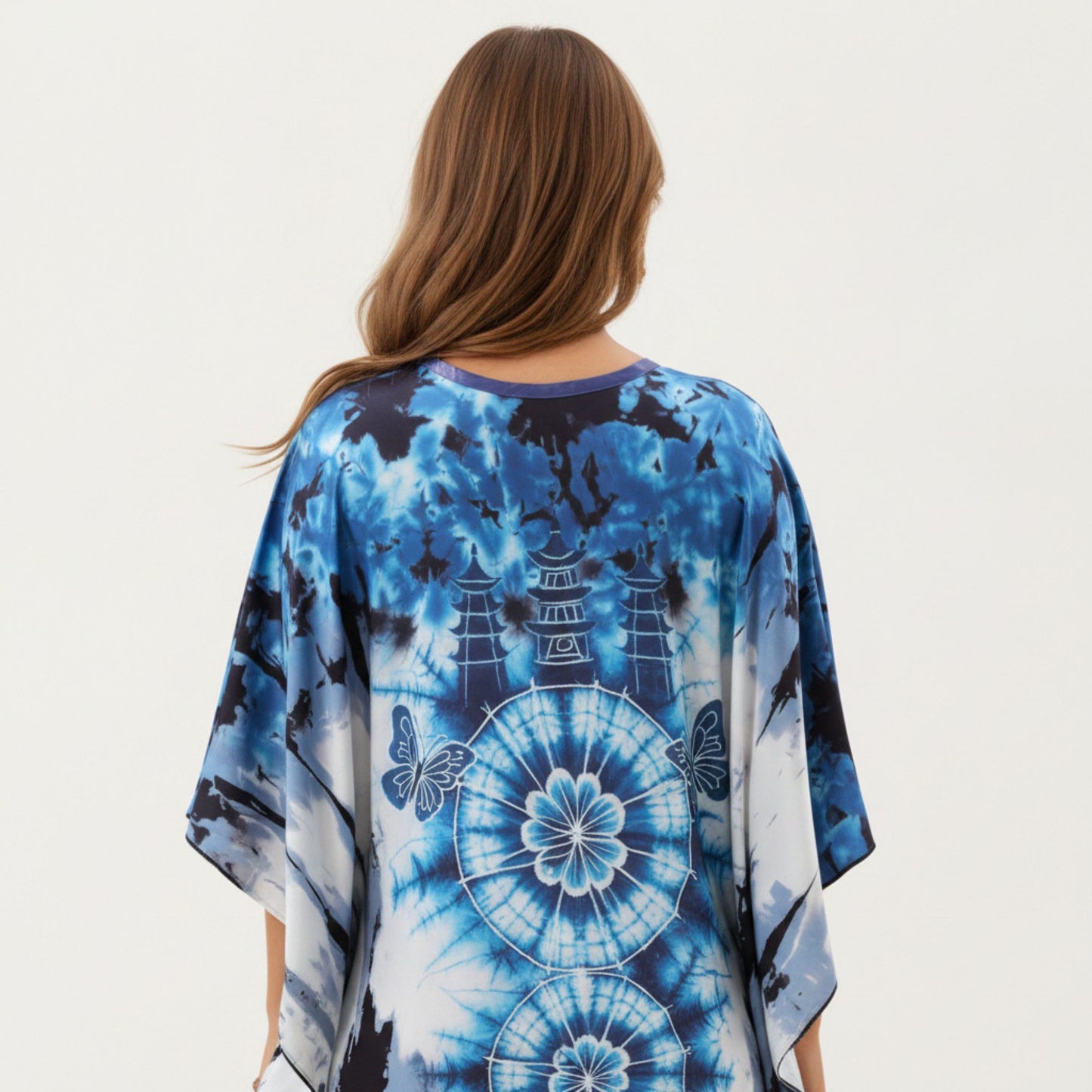 Tie Dye Medallion Kaftan Maxi Dress with V-Neckline and Relaxed Flowy Silhouette