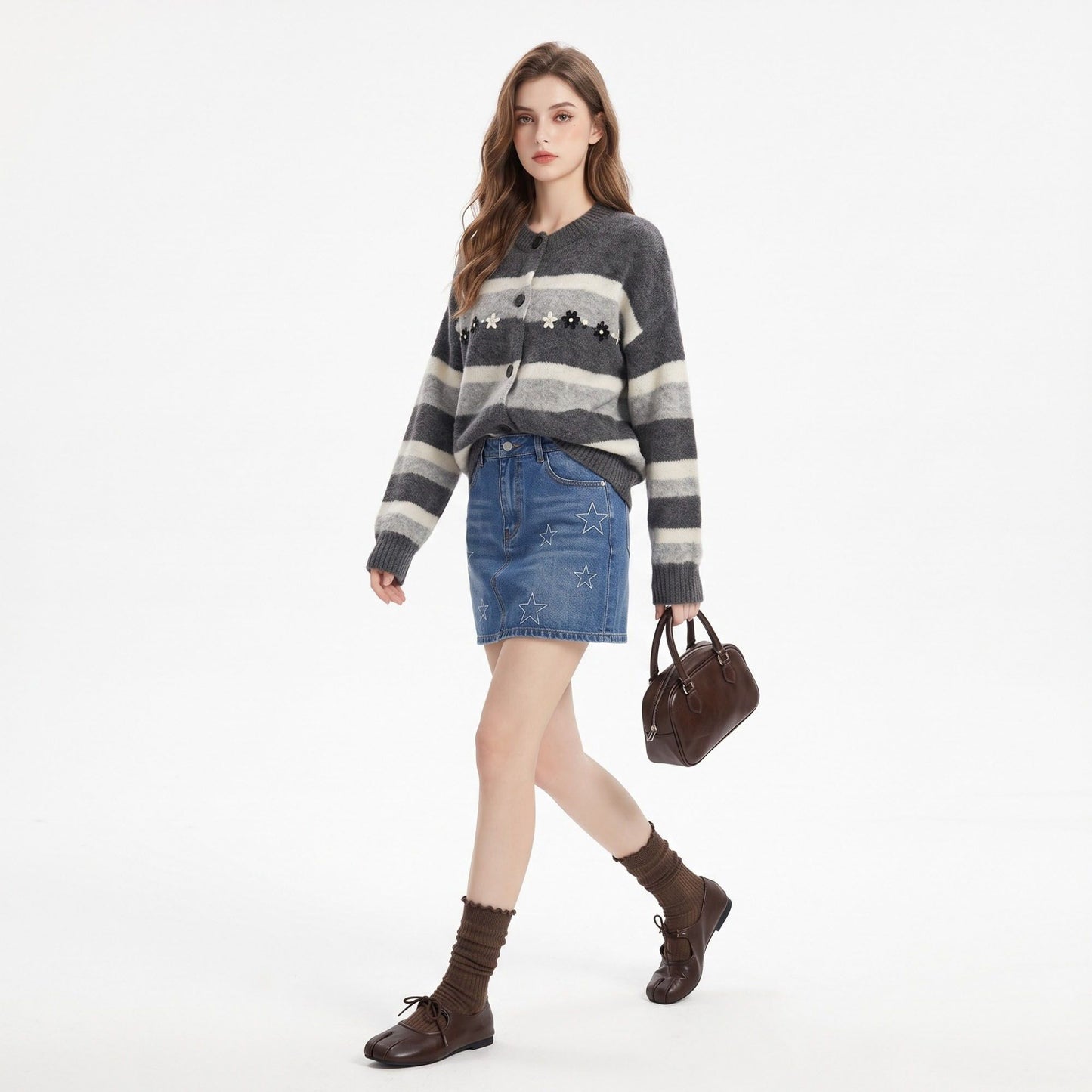 Floral Embroidered Striped Button Front Cardigan