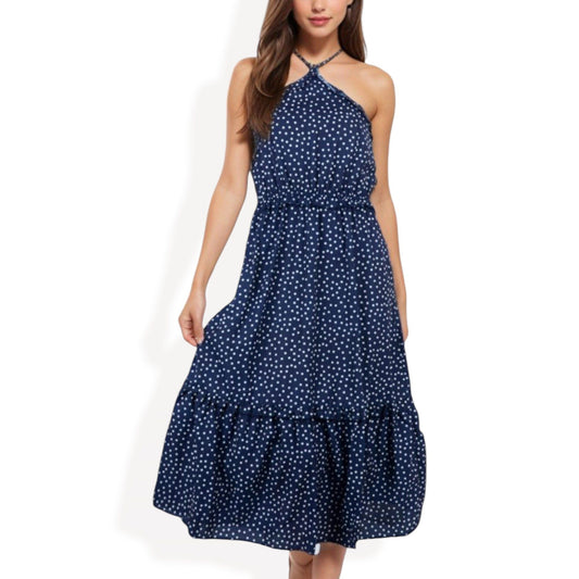 Polka Dot Halter Neck Tiered Midi Dress with Elastic Waist
