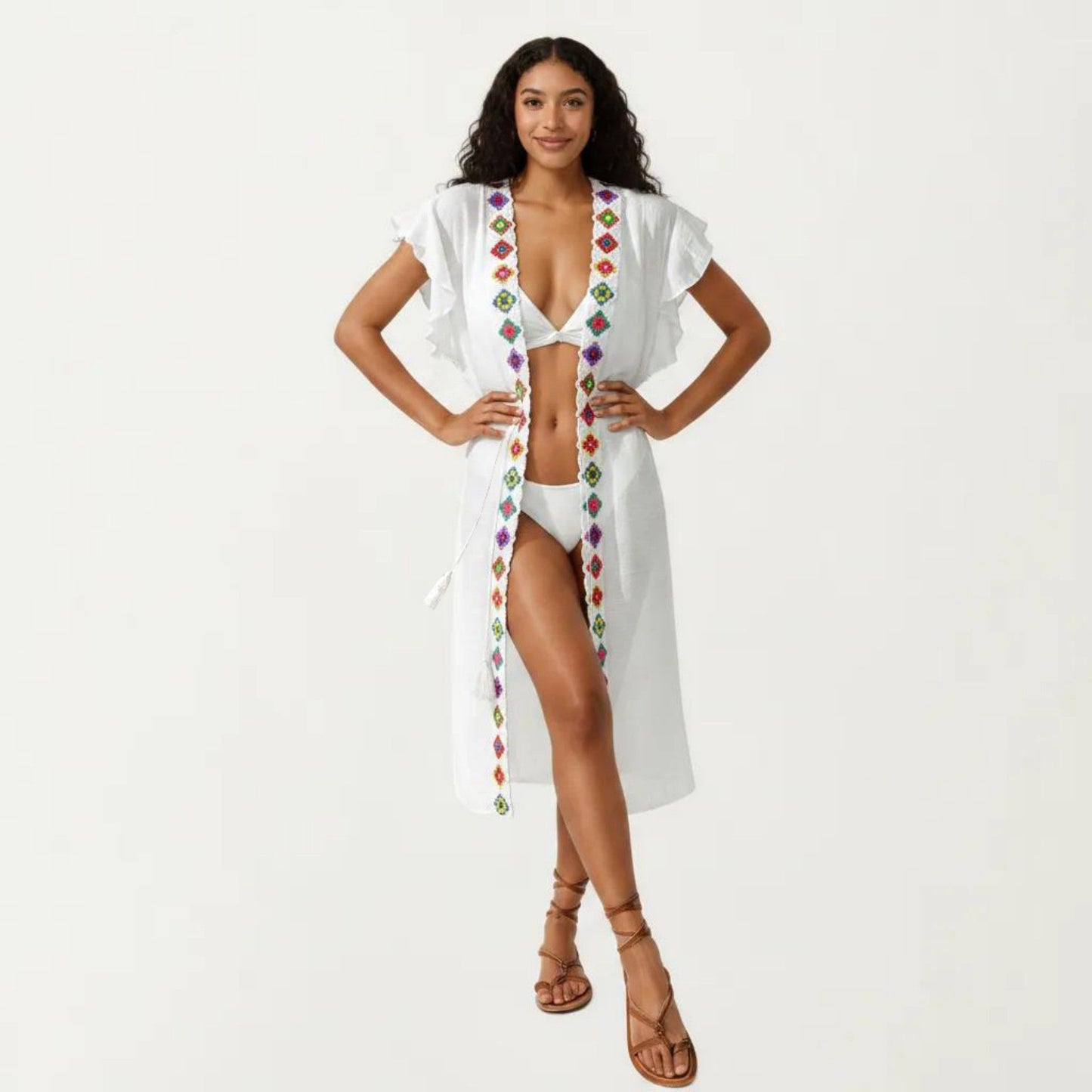Embroidered Open Front Swim Cover Up Kimono Midi Beach Cardigan with Tassel Tie Detail