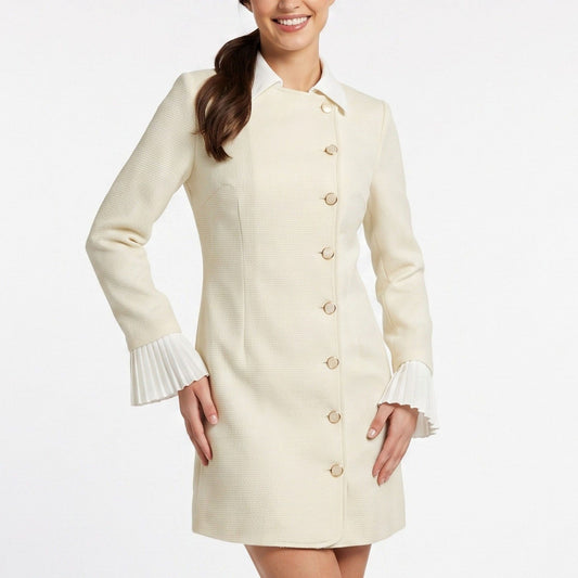 Textured Button Front Mini Dress Collared Long Sleeve Pleated Cuff Dress
