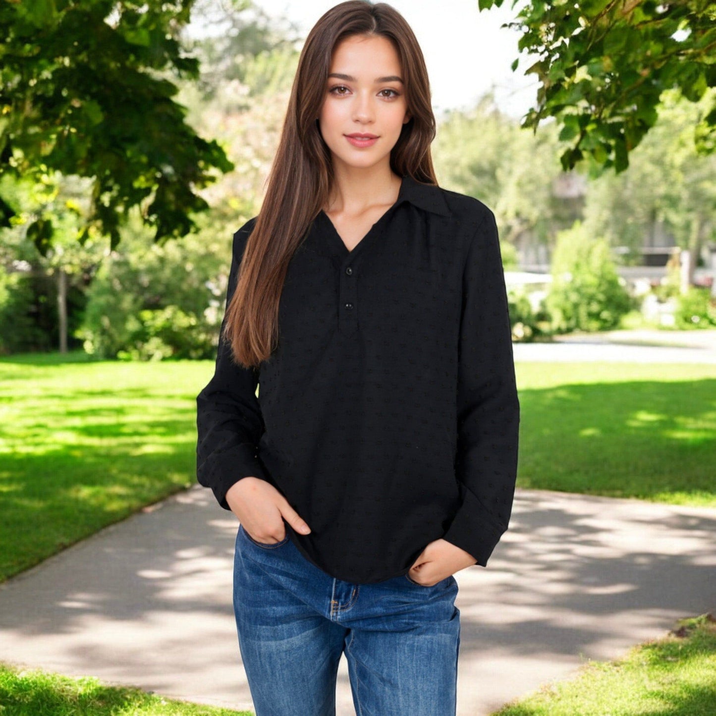 Long Sleeve Textured Blouse Button-Up Detail Spread Collar