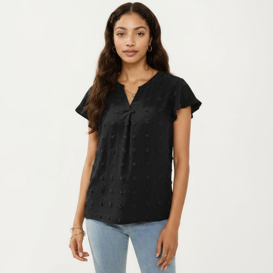 Short Sleeve Swiss Dot Top with Split Neckline and Soft Textured Fabric