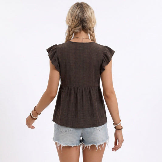 Lace Trim Flutter Sleeve Babydoll Blouse